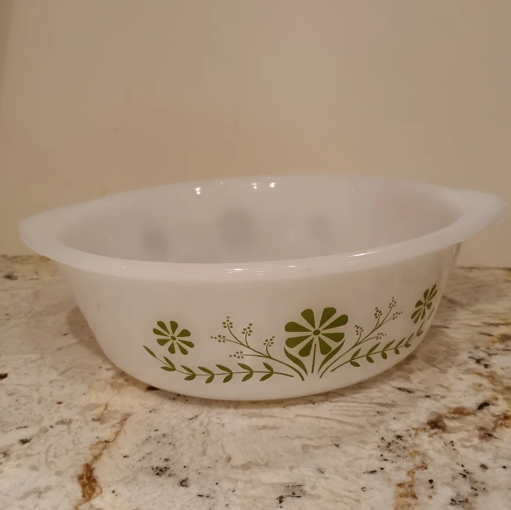 Vintage Glasbake 2 Quart Baking Dish White Green Floral